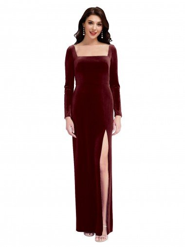 Sleek Square Neck Spaghetti Straps Velvet Bridesmaid Dress / Prom Dress with Side Slit Canada
