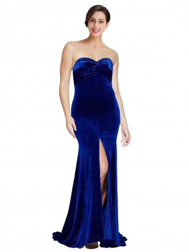 Strapless Ruched Formal Velvet Bridesmaid Dress / Prom Dress with Sweep Train and Front Slit Canada