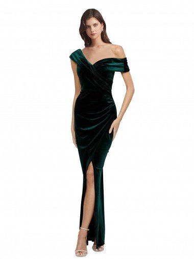 Long Asymmetric Neckline Ruched Formal Velvet Bridesmaid Dress / Prom Dress Canada