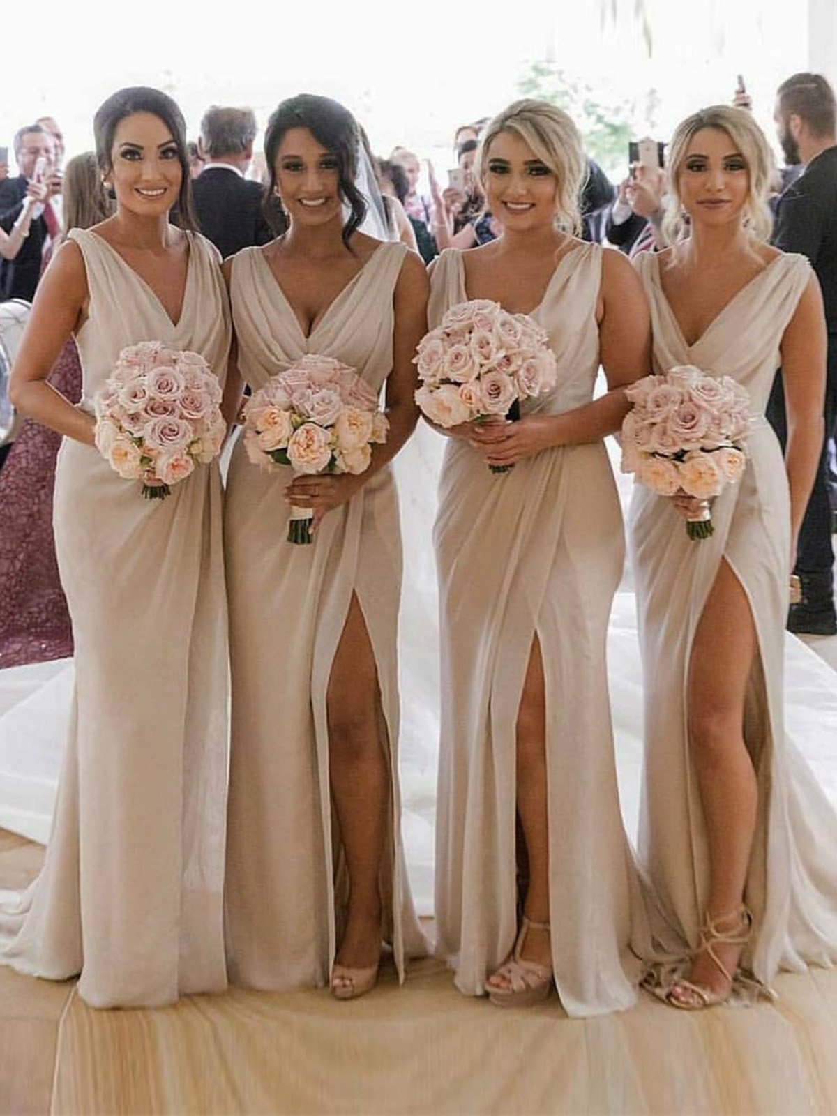 Champagne Full Length Luxe Chiffon Long Champagne bridesmaid dresses Canada with Sexy High Slit and Front Ruffles